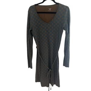 Horny Toad Long Sleeve Marley Dress Green Brown Small Tie Waist Geometric Artsy